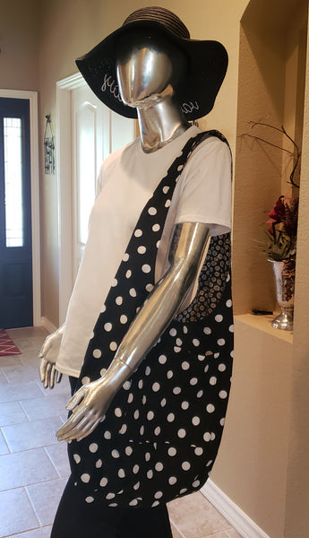 Hobo Bag - White Polka Dots on Black Reversible to Daisies on Black