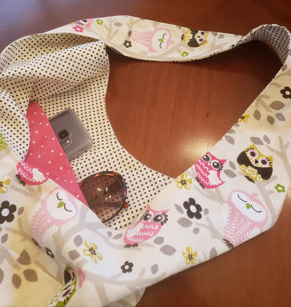 Hobo Bag - Owls on Cream Reversible to Black & Cream Polka Dots